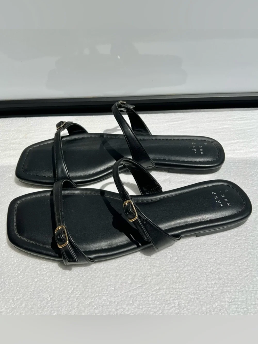 A New Day Black Buckle Square Toe Flat Sandals Size 8